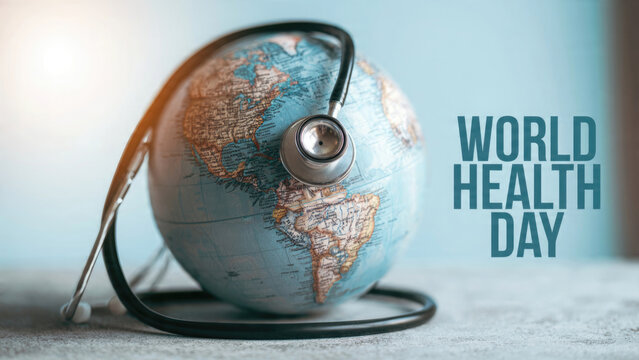 Globe with stethoscope and world health day text on a light blue background