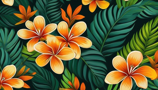 seamless pattern featuring tiare flowers and lush green leaves on dark background summer