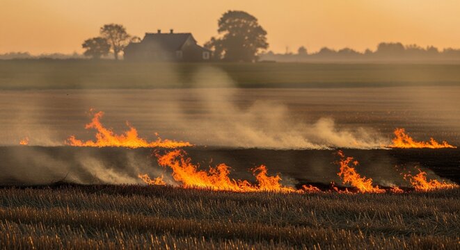 Stubble burning in farm field near village buildings