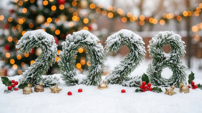 Festive new year 2028 numbers made of evergreen branches covered in snow with holiday decorations