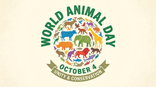 World Animal Day poster for October 4, unity and conservation concept with colorful wildlife silhouettes in a circle, nature protection graphic