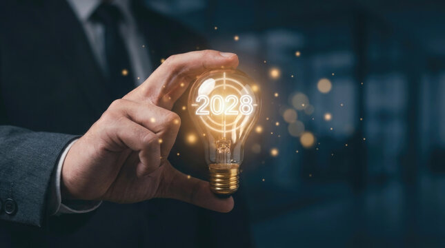 Man holding a glowing lightbulb with the year 2028 inside innovation and future concepts