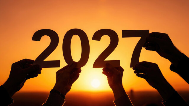 Hands holding cutout numbers forming 2027 against a vibrant orange sunset silhouette