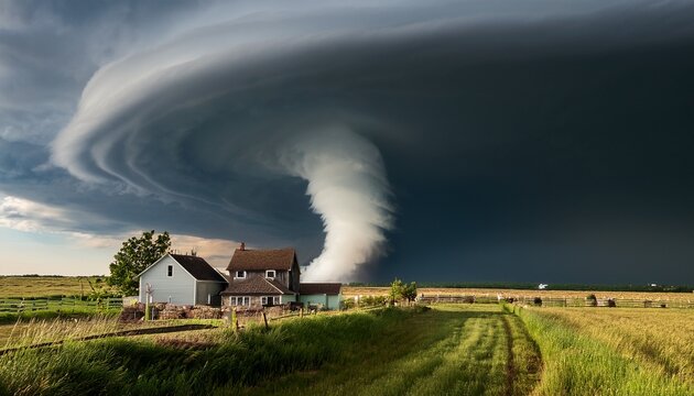 powerful tornado approaching a rural farmhouse beneath dramatic supercell storm clouds