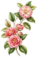 Obraz premium Pink camellia flowers with green leaves - Beautiful watercolor-style pink camellia flowers with dark green leaves and buds in full bloom.