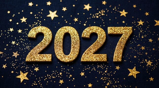 Golden glitter numbers 2027 with sparkling stars on a dark navy background