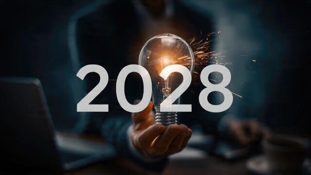 New year concept with a glowing lightbulb and the number 2028 in focus