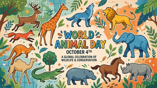 World Animal Day banner with diverse wildlife. Global celebration of wildlife and conservation poster. October 4th animal awareness illustration.