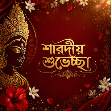 Premium Bengali Durga Puja Greeting Card with Floral Lettering