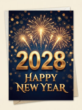 Golden fireworks and new year 2028 greeting card with celebratory sparkle and dark blue background