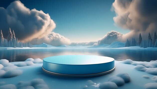 empty podium on frozen lake with clouds and ice
