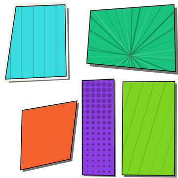 Set of colorful shapes and rectangles with various patterns including lines dots and sunburst effects for modern graphic design layouts isolated on transparent background