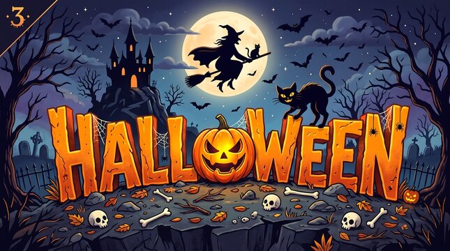 Halloween banner with spooky pumpkin and flying witch. Creepy graveyard landscape with haunted castle and full moon. Dark festive holiday background.