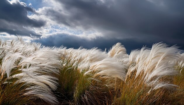 white kans grass under a cloudy sky