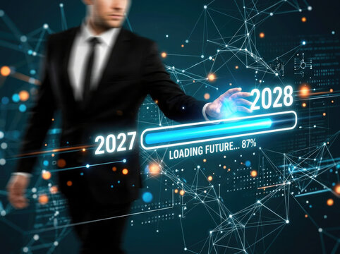 Businessman interacting with futuristic digital interface displaying loading progress and the year 2028