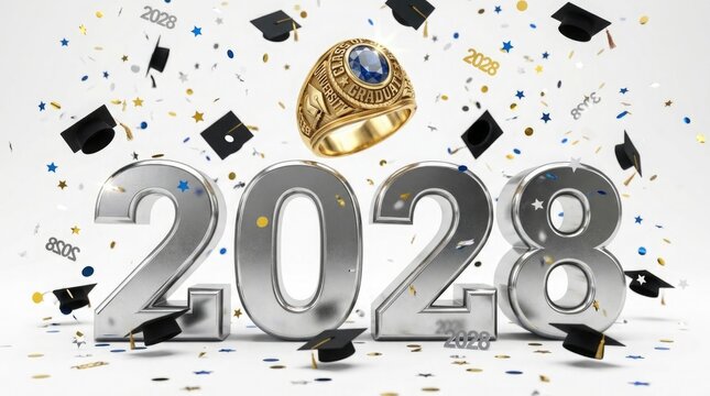 Graduation class of 2028 with cap ring and confetti in silver and gold