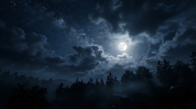 Mysterious forest path illuminated by moonlight with fog and shadowy trees