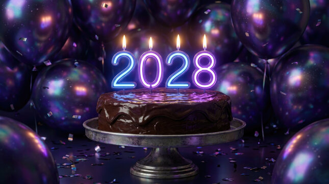 Chocolate cake with burning candles displaying 2028 surrounded by iridescent balloons and confetti