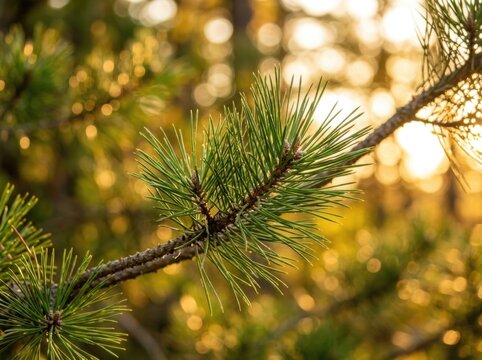 Close up of a pine branch with needles illuminated by golden sunlight in a forest