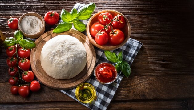 fresh pizza ingredients dough tomatoes cheese and basil on a rustic table