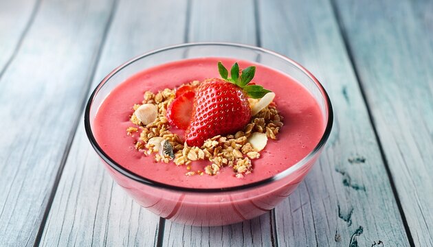 delicious strawberry smoothie topped with fresh fruits and granola perfect for a refreshing treat