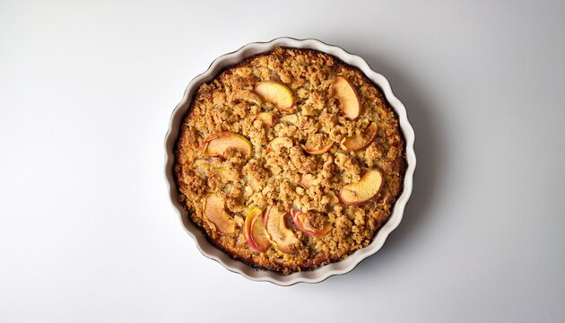 tasty homemade apple crumble dessert on a plain white surface classic apple tart top view
