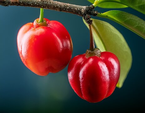 two bright red acerola cherries hanging from a branch