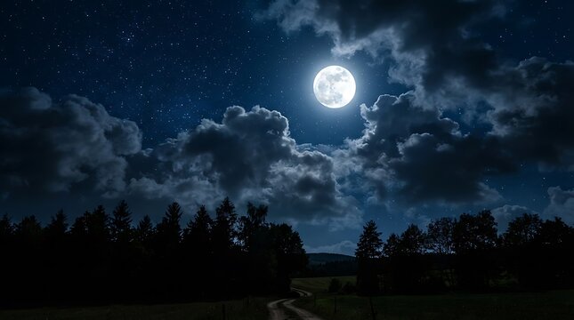 Dramatic moonlit nightscape over a silhouetted cityscape with swirling clouds