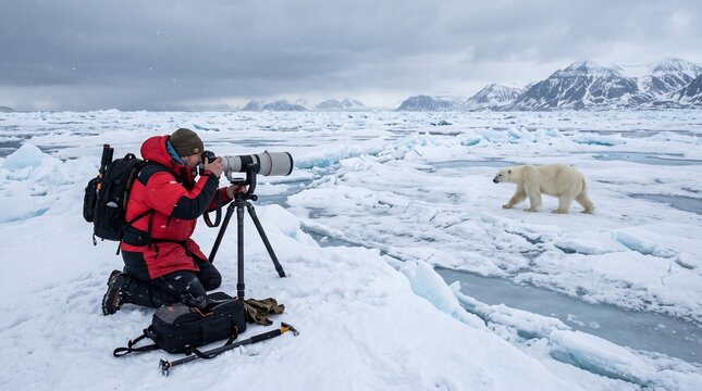 Photographer captures polar bear in Arctic landscape with ice floes and mountains under cloudy sky