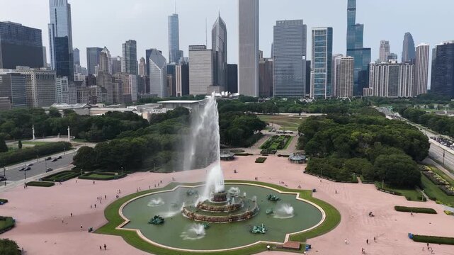  Aerial View of Buckingham Fountain with Tall Water Spray and Chicago Skyline in Grant Park&rdquo; on August 10 2026 