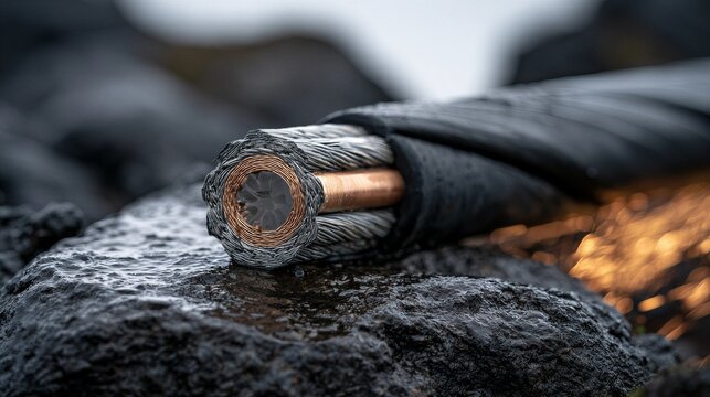 Commercial Photo of Subsea Fiber Optic Cable Cross Section on Wet Basalt Rock for Global Internet Infrastructure Concept
