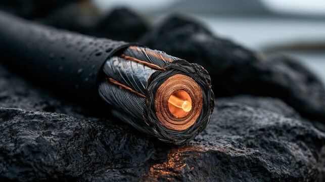 Commercial Photo of Subsea Fiber Optic Cable Cross Section on Wet Basalt Rock for Global Internet Infrastructure Concept

