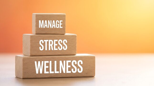 Stress management wooden blocks for mental wellness, health coaching concept with stacked timber bricks, orange background