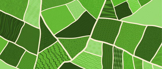 Naklejka premium Agriculture tea and rice plantations background with top view of farm arable fields. Green farm field top view of farmland aerial map with vineyards, garden parks and orchards with furrows pattern