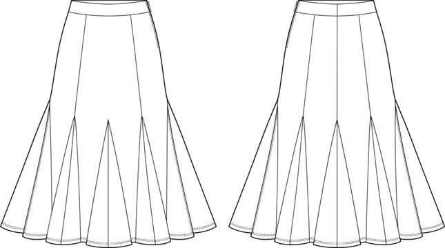 Women flared panel skirt technical sketch flat drawing fashion apparel vector illustration