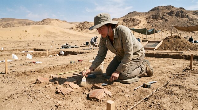 Archaeologist carefully brushes dirt off ancient pottery shards at a desert excavation site under a clear blue sky