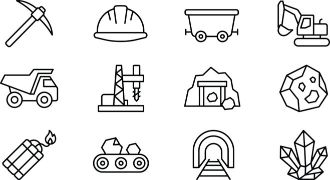 Mining and Construction Outline Icons for Apps, Websites, Industrial Branding, Safety Signage and Engineering Design