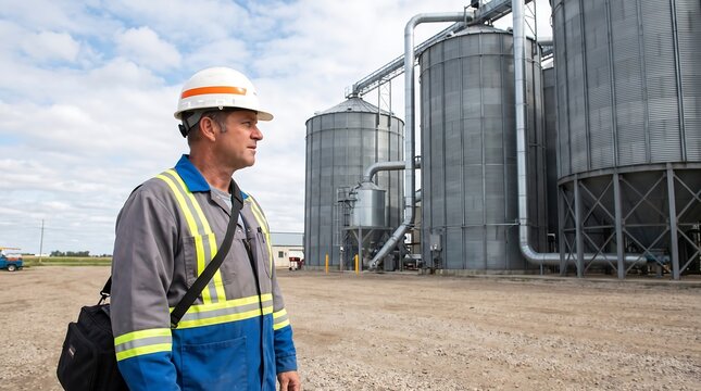 Industrial engineer in hard hat at grain elevator facility, agricultural worker standing by large metal silos, farm storage plant