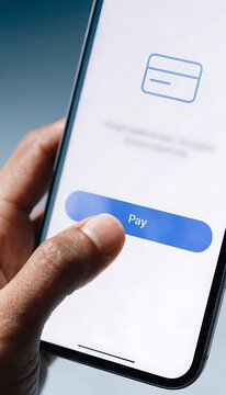 Person pressing pay button on smartphone screen for online payment