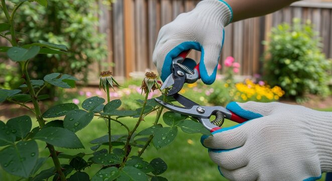 Hands wearing protective work gloves using pruners or shears to trim plants in a garden.