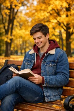 Young man reading book on park bench in autumn with golden leaves for lifestyle background and seasonal banner design