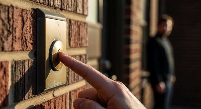 Close-up of a finger pressing an outdoor doorbell button mounted on a brick wall entry