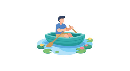 Man rowing a small boat on water colorful vector illustration © Rabbi