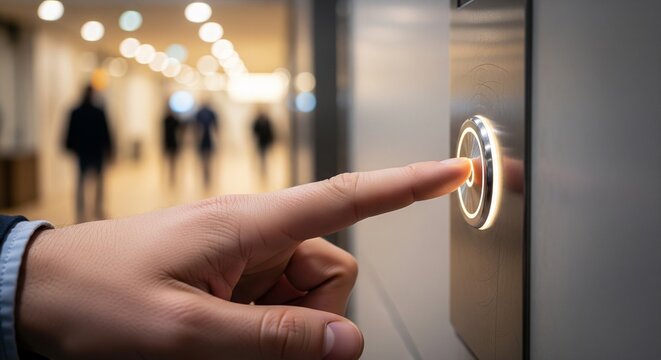 Close-up of a person's hand pressing a round elevator call button inside a modern building with soft blurred background lighting