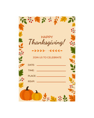 Fototapeta premium Thanksgiving invitation with pumpkin, leaves and text. Orange backdrop. Fall season. Autumn banner with fall elements. Thanksgiving postcard in doodle style.Flat style. Vector illustration.