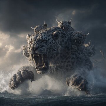 Epic fantasy artwork of a terrifying multi-headed mythological beast with leopard features and horns lunging aggressively through rough ocean waves.