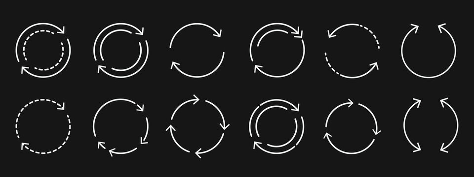 arrows icons, set icon of two arrow spin, repeat or return, double reverse, circle refresh or restart, arrow line vector with editable stroke