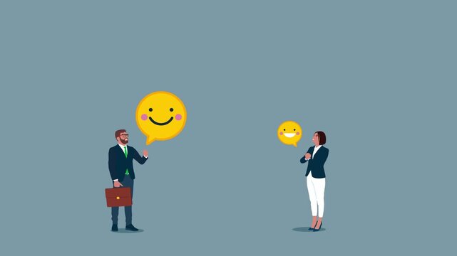Happy businessman and woman holding smiling face symbol. Work motivation. Employee happiness, job satisfaction, company benefit, positive attitude. Animation video