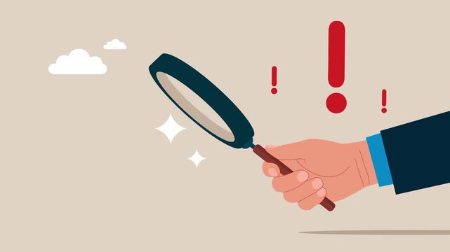 Brilliant idea, solution. Businessmen looking through magnifying glass searching and surprise. 5w1h asking questions for solution to solve problem, business analysis to new idea.  Animation video
