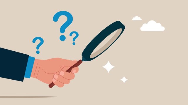 Questions, problem. Businessmen looking through magnifying glass searching and surprise. 5w1h asking questions for solution to solve problem, business analysis to new idea. Business animation video